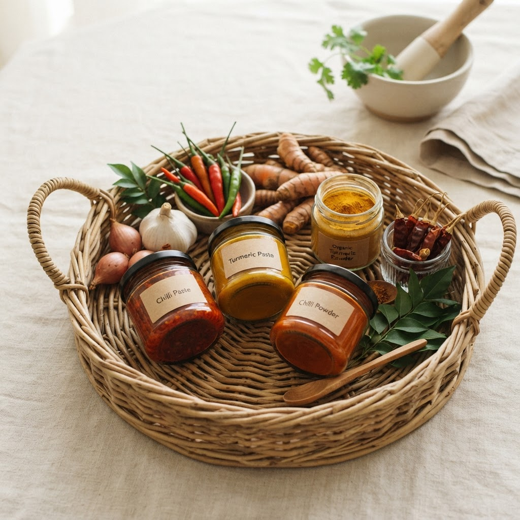 A Safa Foods basket revealing the range of fresh kitchen essentials