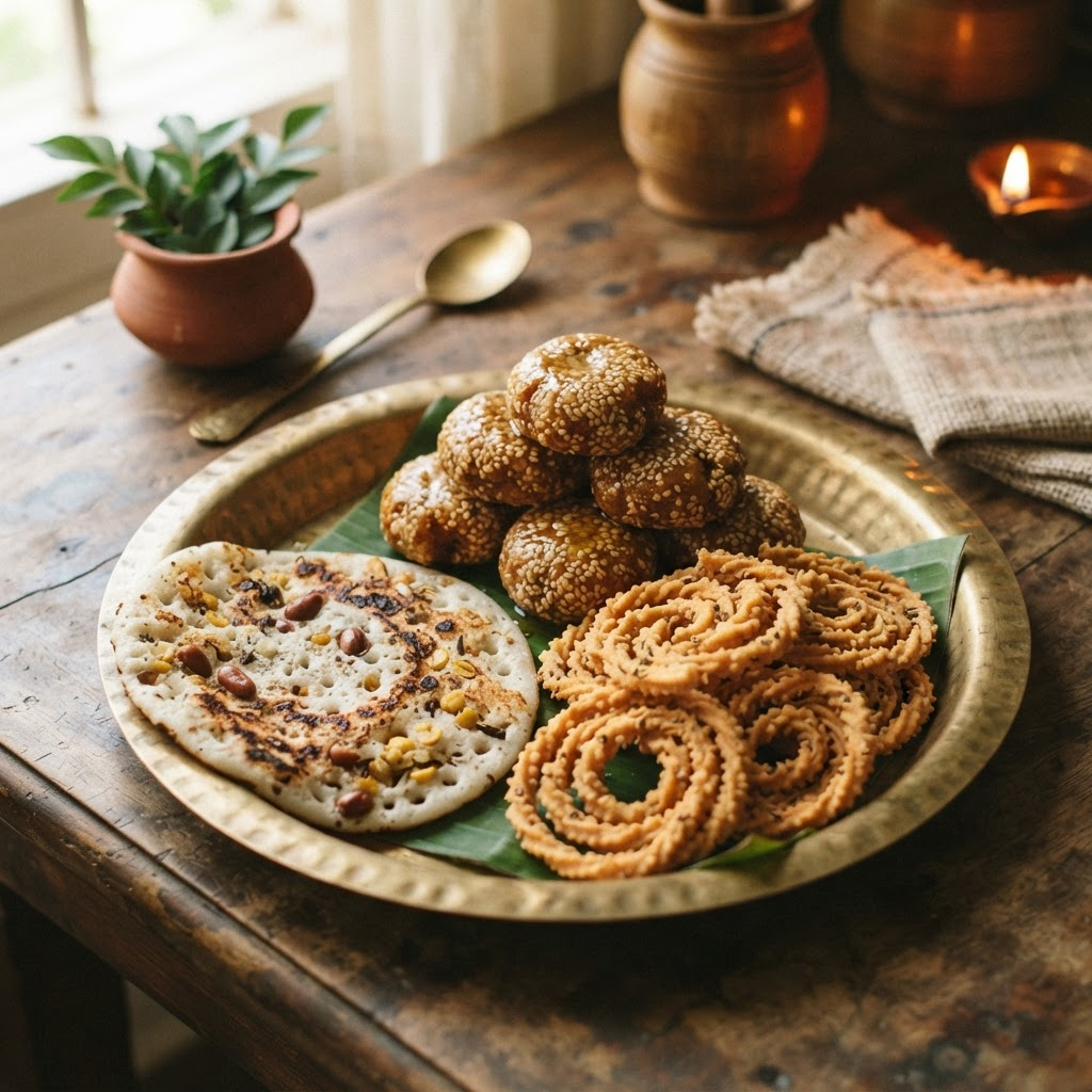 Traditional Telangana festival snacks like Ariselu, Murukulu and Sarvapindi