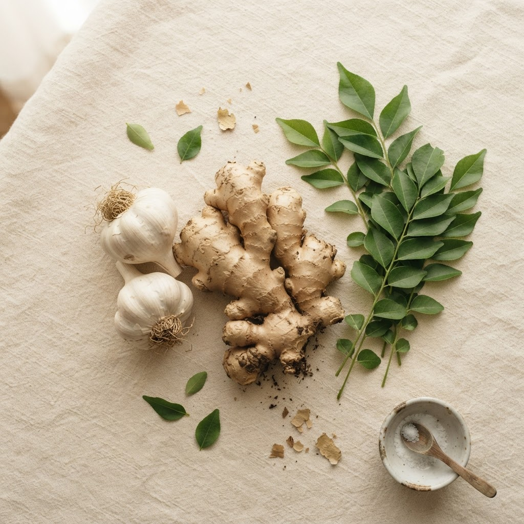 Fresh ginger, garlic and curry leaves from the Safa Foods kitchen